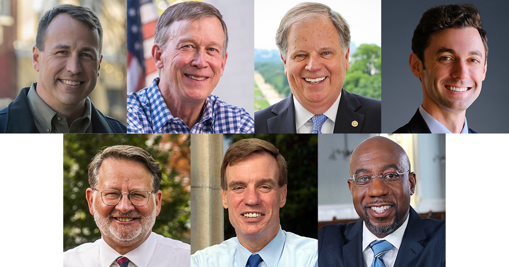 Cal Cunningham, Governor John Hickenlooper, Senator Doug Jones, John Ossoff, Senator Gary Peters, Senator Mark Warner, and Rev. Raphael Warnock 